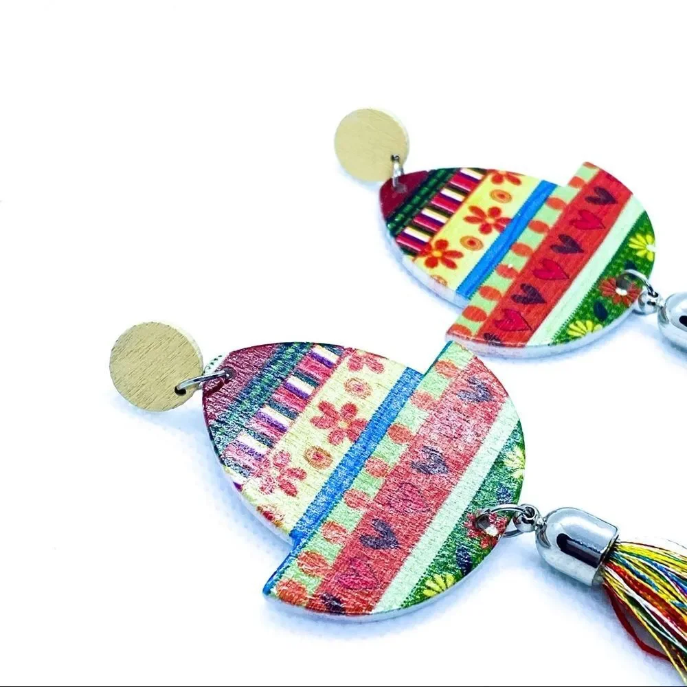 NWT Multicolor Wood & Tassel Earring_2